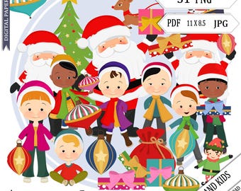 Santa Clipart,  Children Clipart, Christmas, Clipart, Instant Download, Children, School, Sleigh Clipart, Saint Nicholas , Multicultural