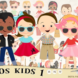 50s Clipart, Children Clipart, 1950 Clipart, Rock N Roll Clipart, 50s Kids clipart, Instant download, retro, multicultural, Commercial use