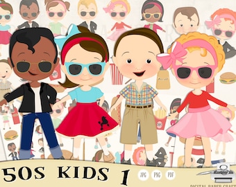 Kids Clipart, 50s, Rock N Roll Theme Children, Cool Party Commercial Use (Instant Download) Original, Printable, Decoupage, Invitation