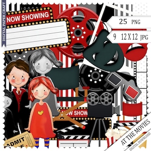 Filmavond, plakboekkit, slapen, Digital Scrap Kit, Instant Download, film, digitaal plakboek, dagboek clipart,