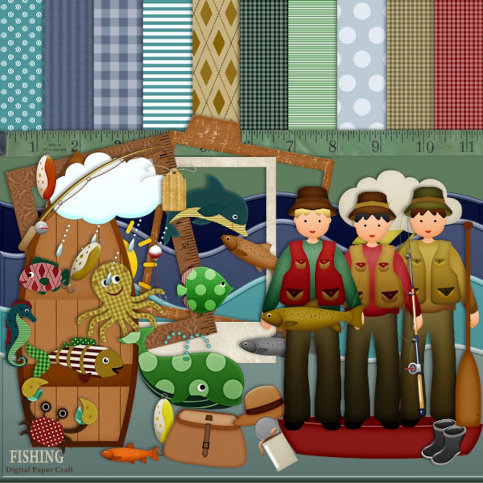 Fishing Scrapbook , Digital, Instant Download, Outdoor Clipart, Nature ...