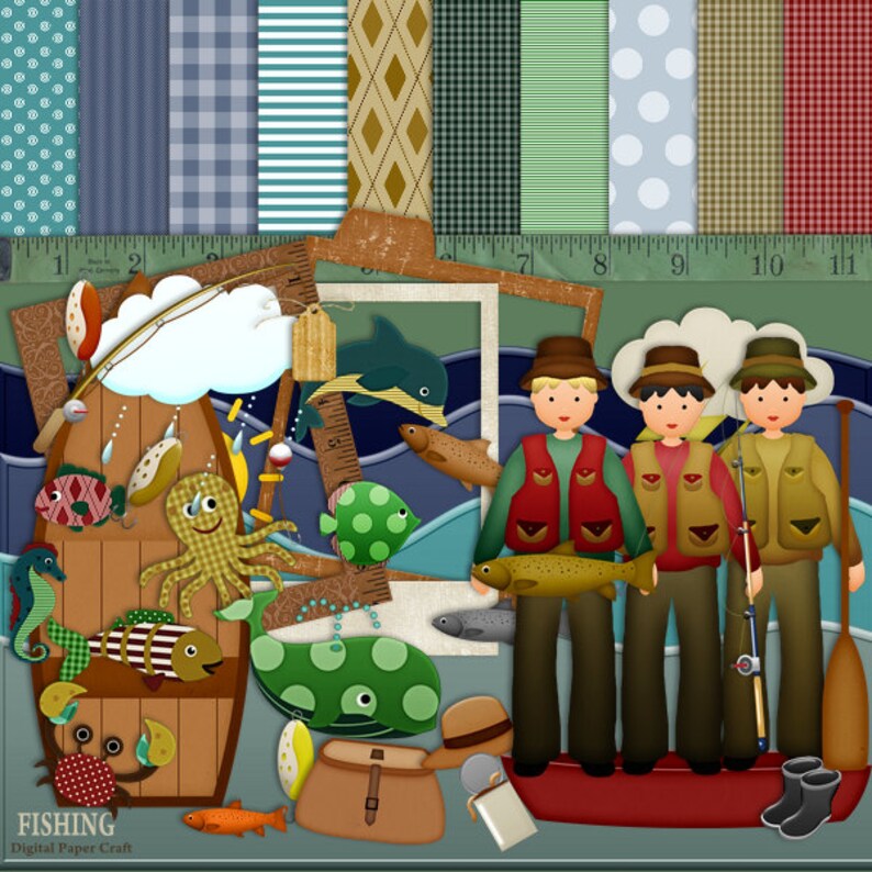 Outdoor Clipart Instant download Digital Digital scrapbook Fish Clip Art Fishing scrapbook Journal Clipart, Nature scrapbook Kit