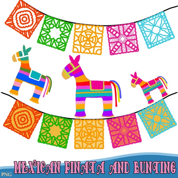 Mexican Pinatas and Bunting Fiesta Clipart, Comes in Png instant Download  Commercial Use, Pinata Clipart, Festival Clipart 
