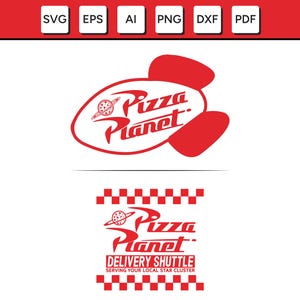 May include: Red and white graphic design featuring the words "Pizza Planet" in a stylized font, with a planet and rocket ship design. Below, the text "DELIVERY SHUTTLE" and "SERVING YOUR LOCAL STAR CLUSTER" is displayed.