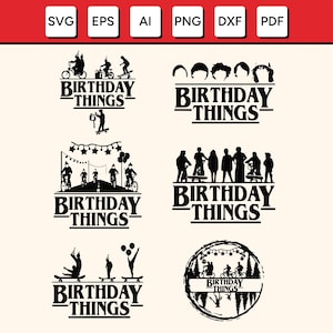 Puede incluir: Una colección de gráficos vectoriales en blanco y negro con el texto "BIRTHDAY THINGS". Los gráficos incluyen siluetas de personas en monopatines, bicicletas y otros elementos temáticos de cumpleaños. Formatos de archivo: SVG, EPS, AI, PNG, DXF y PDF.