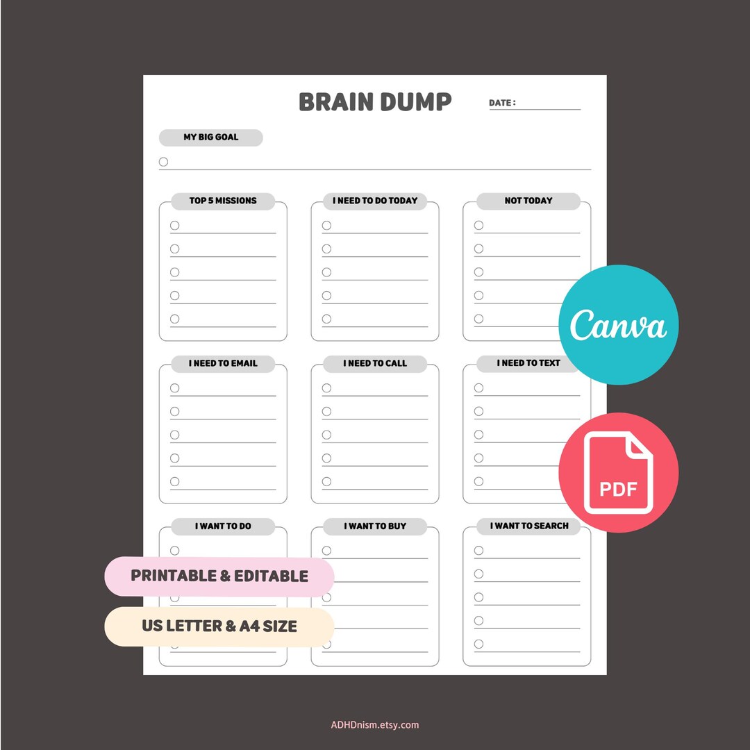 Editable ADHD Brain Dump Printable Canva Template for Task Organization ...