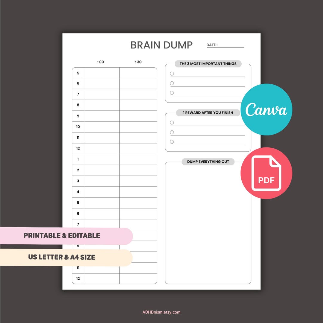 Printable ADHD Brain Dump Editable Canva Template for Task Organization ...