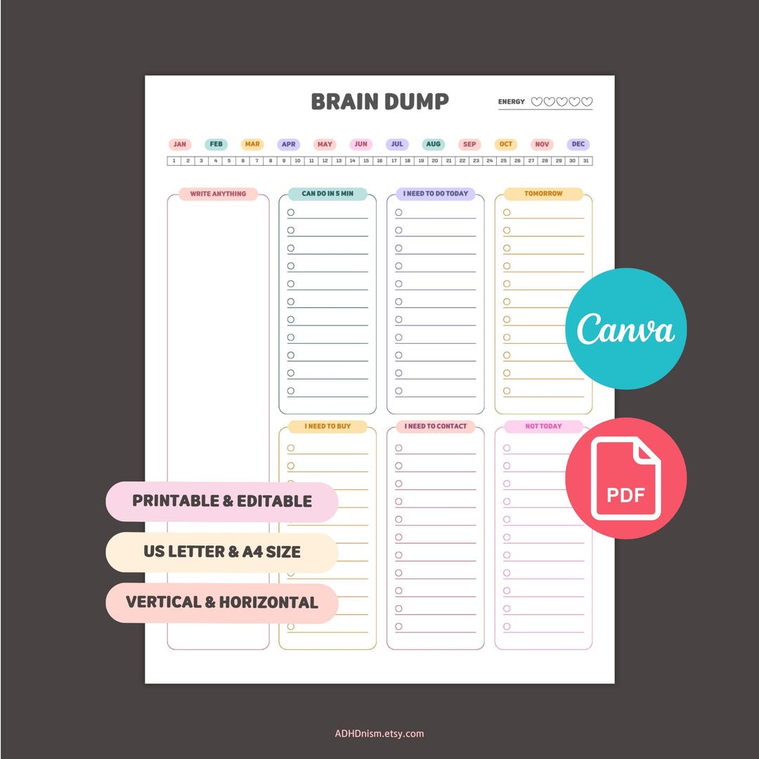 Editable ADHD Brain Dump Printable Canva Template for Mental Clarity ...