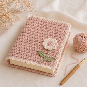May include: A dusty pink crochet book cover featuring a cream-coloured scalloped edge and a central flower appliqué with white petals, a pink centre, and a green stem with two leaves. A ball of matching pink yarn and a wooden crochet hook are nearby.