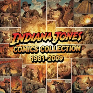 Puede incluir: Un collage de viñetas de cómic con Indiana Jones. El título "INDIANA JONES COMICS COLLECTION" se muestra en letras grandes amarillas y rojas, con los años "1981-2009" debajo. Los paneles representan escenas de acción.