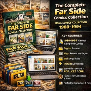 May include: The Complete Far Side Comics Collection, 1980-1994, displayed on a laptop and in book format. The cover features a cow with glasses. Key features include digital format, high-resolution pages, and instant download.