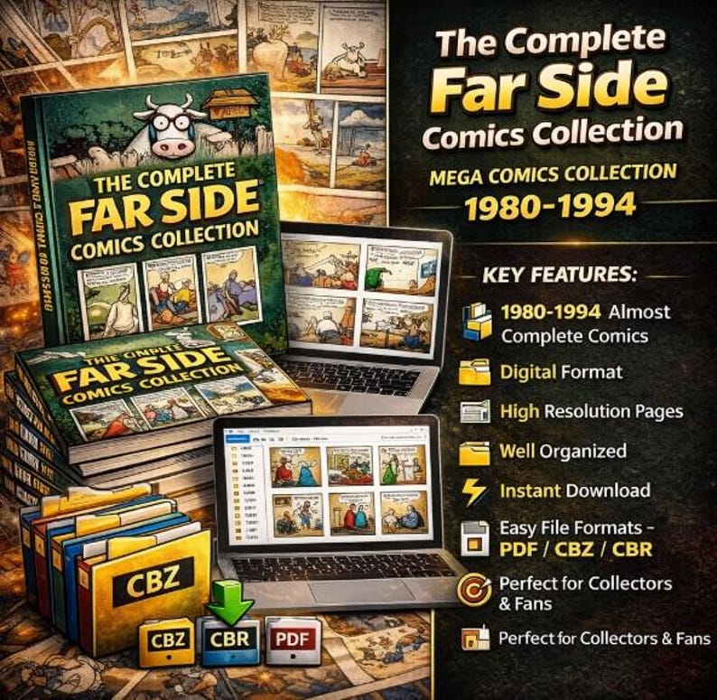 May include: The Complete Far Side Comics Collection, 1980-1994, displayed on a laptop and in book format. The cover features a cow with glasses. Key features include digital format, high-resolution pages, and instant download.