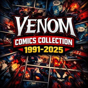 May include: A comic book cover featuring the title "Venom Comics Collection 1991-2025" in white and red lettering. The background is a collage of comic book panels with action scenes in red, blue, and black.