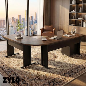 L-Shaped Executive Desk with Mobile Cabinet, Reversible Industrial Workstation, Rustic Brown Steel