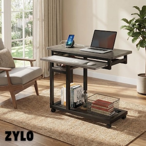 Adjustable Rolling Desk with Keyboard Tray, Power Outlet, USB Ports