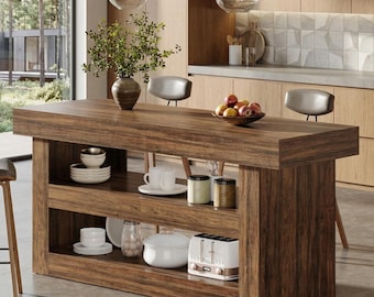 Farmhouse Kitchen Island Table: Rustic Woodgrain, 3-Tier Storage, Dining Prep Station