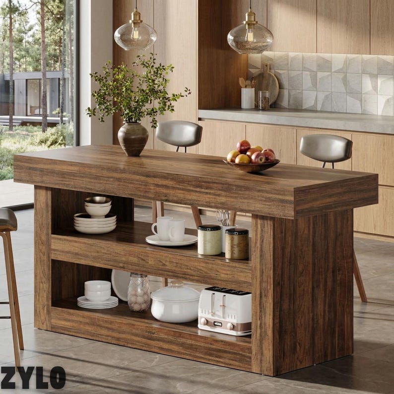 Farmhouse Kitchen Island Table: Rustic Woodgrain, 3-tier Storage ...