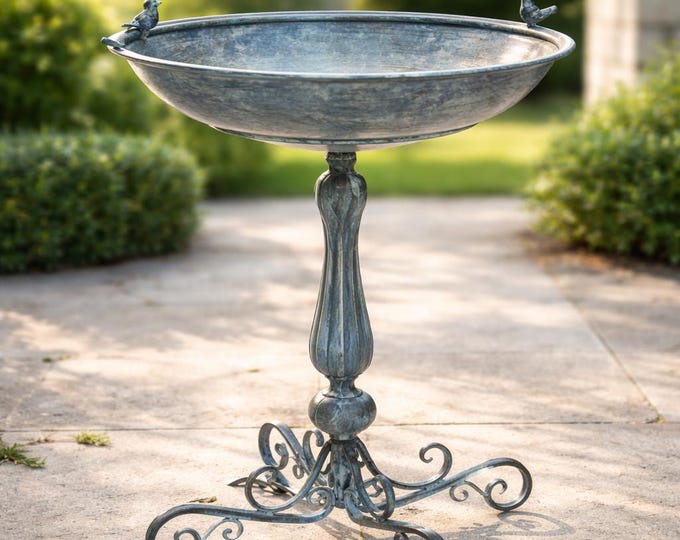 An Iron Bird Bath On Stand, Antique Blue 74cm Bird Feeder