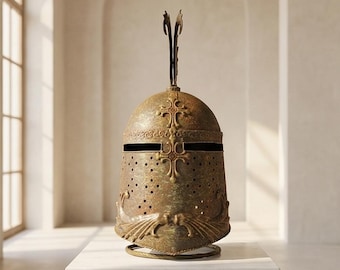 Decorative Metal Crusader Helmet Replica on Stand (48 cm High)