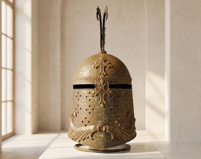 Decorative Metal Crusader Helmet Replica on Stand (48 cm High)