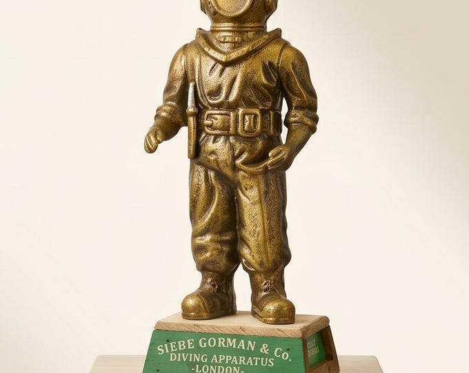 A Cast Iron Figurine Of A Diver On Wooden Base 34 cm