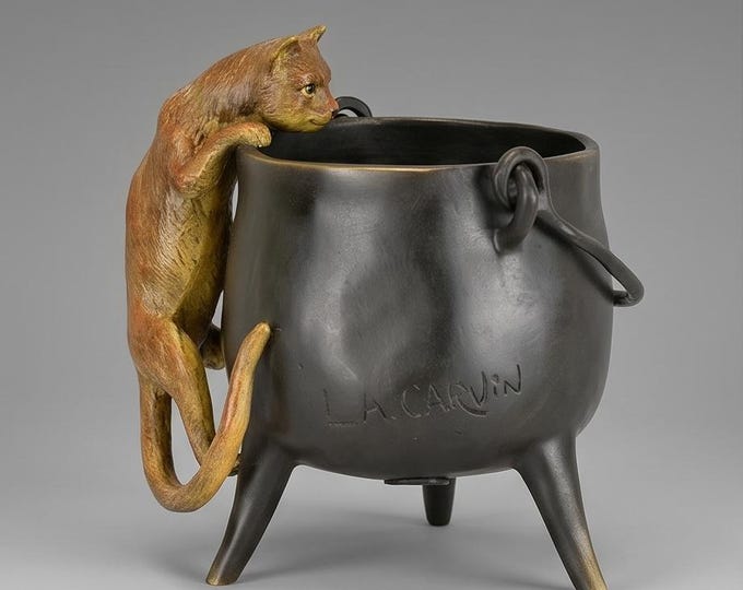A Bronze Sculpture Of A Cat aclimbing in A Pot 12.7 cm