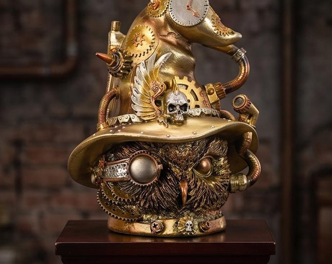Steampunk Owl Head Figurine with Hat – 21 cm Polyresin Statue Decor