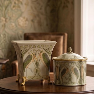 Art Nouveau porseleinen vaas met reiger en sieradendoosje met ooievaar | Decoratie met craqueléglazuur en verguld bronzen details