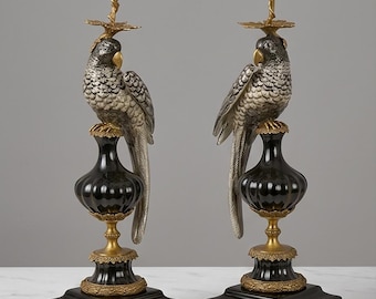 Art Nouveau Bronze Porcelain Parrot Candle Holders: Black, Gold, Silver (48 cm)