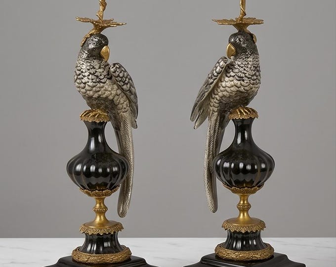 Art Nouveau Bronze Porcelain Parrot Candle Holders: Black, Gold, Silver (48 cm)