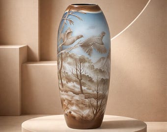 Glass Vase in the Style of Émile Gallé Winter Landscape with Geese 36cm