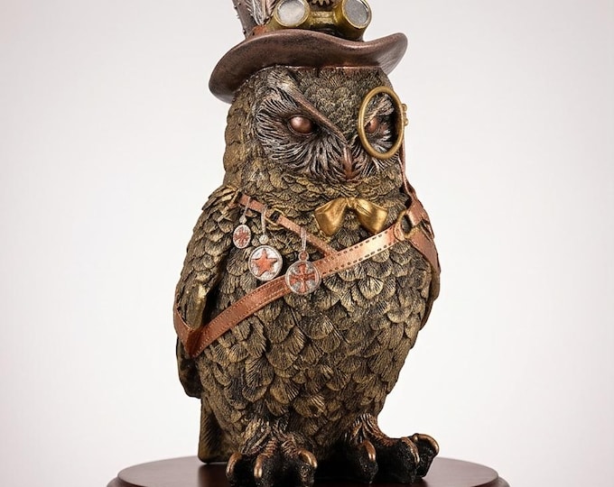 Steampunk "The Wise Owl" Figurine with Top Hat – 23 cm Polyresin Statue Decor