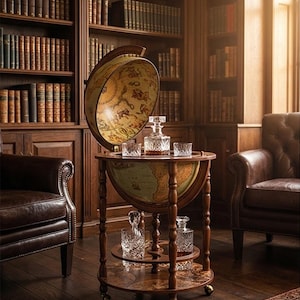 Puede incluir: Un carrito de bar globo vintage de madera con un diseño de mapa detallado, que contiene decantadores y vasos de cristal. El carrito tiene un estante inferior para almacenamiento adicional. El carrito de bar está en una habitación con una biblioteca y sillones de cuero.