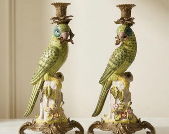 A Pair Of Brass Mounted Porcelain Parrot Candle Holders 39cm