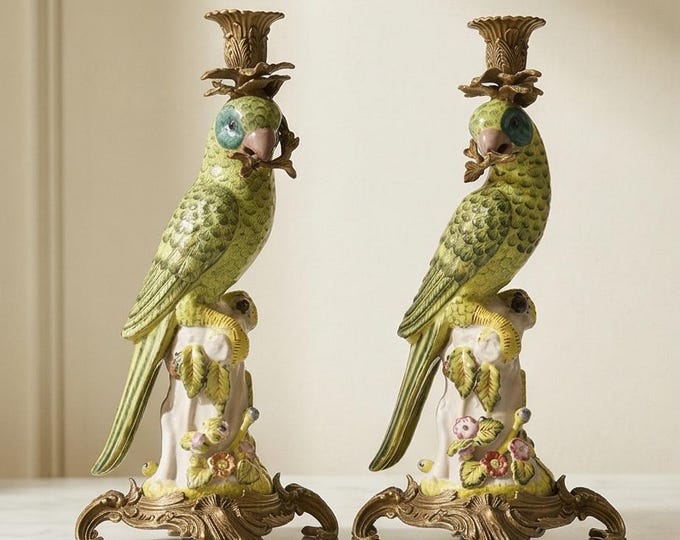 A Pair Of Brass Mounted Porcelain Parrot Candle Holders 39cm