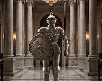 An Iron Knights Suit Of Armor With A Spear 249cm High, Silver