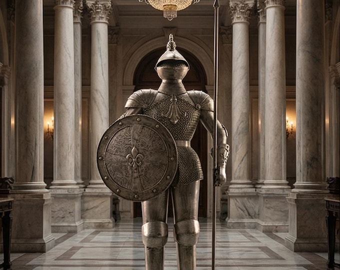 An Iron Knights Suit Of Armor With A Spear 249cm High, Silver