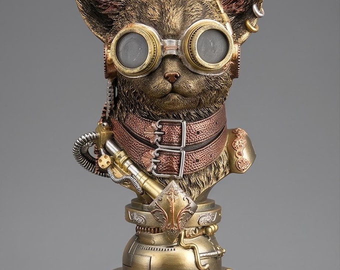 Steampunk Cat Buste – 33 cm Polyresin Statue Decor
