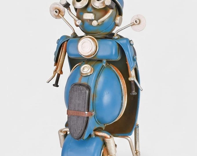 A Retro Tin Model Of A Robot Designed As A Scooter Rider - 21 cm - Blue