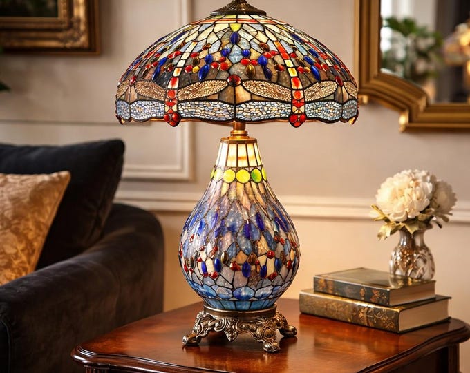 Vintage Tiffany Style lamp Dragonfly Design Purple 68cm