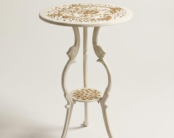 A Cast Iron Antique Flower Table Old White with Gold 66 cm Side Table