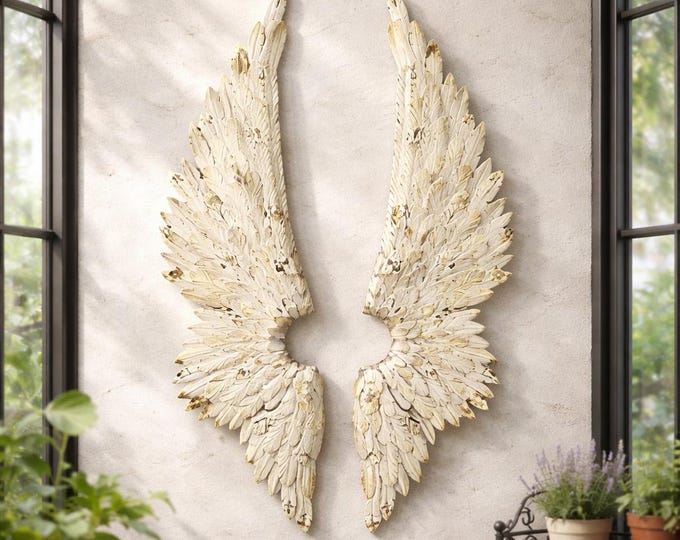 A Pair Of Wall Mount Angel Wings Antique White 106cm