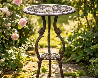 Antique Cast Iron Flower Table: Brown Gold Victorian Floral Design, Garden Balcony Side Table
