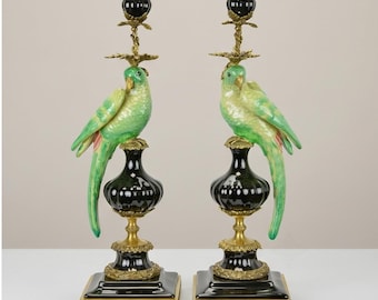 Art Nouveau Parrot Candle Holders: Bronze Mounted Porcelain, 48cm Tall