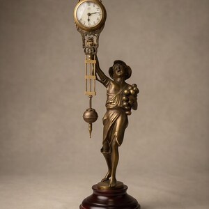 Op de afbeelding: Een bronzen metalen schoorsteenklok met een staande figuur die een tros druiven in de ene arm houdt en met de andere een ronde wijzerplaat met slingeruurwerk omhoog houdt. De klok rust op een ronde, donkerbruine houten voet.