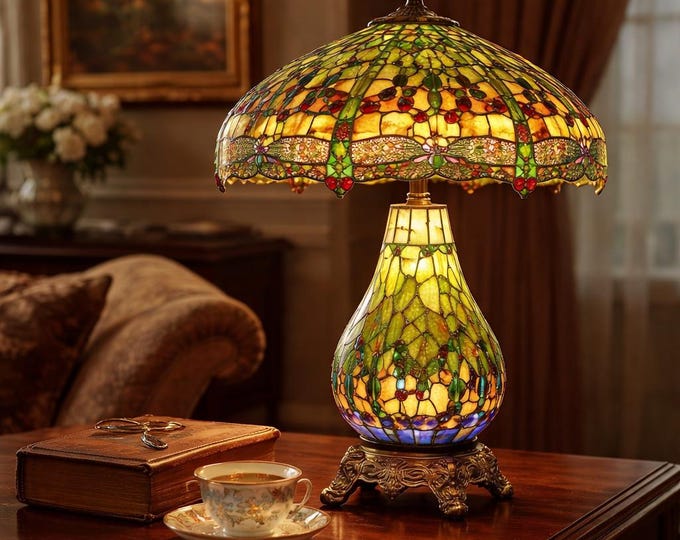 Vintage Tiffany Style lamp Dragonfly Design Green 68cm