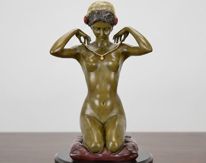 Bronze Sculpture "New Necklace" – Art Deco Figurine Statue, Marble Base (29 cm)