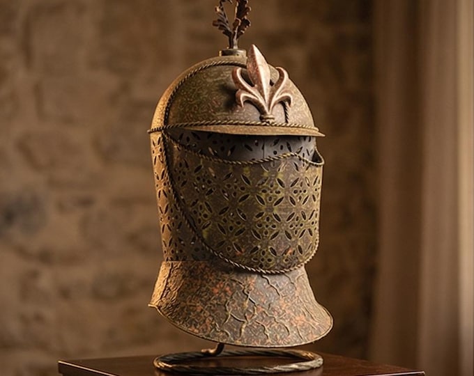 Decorative Metal Crusader Helmet Replica on Stand (47 cm High)