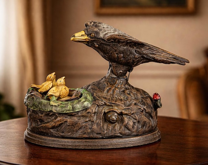 A Cast Iron Eagle Feeding het Eaglets Mechanical Bank 15cm