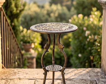 Antique Cast Iron Flower Table: Bronze Gold Victorian Floral Design, Garden Balcony Side Table